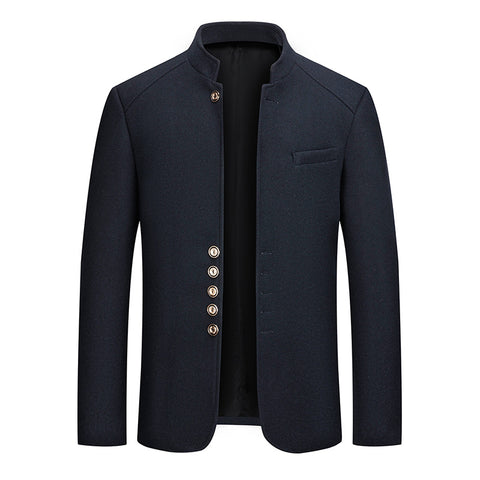 Mens Wool Tweed Zhongshan Suit With A Mandarin Collar For A Refined Tailored Look