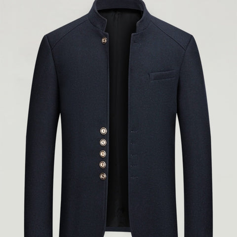 Mens Wool Tweed Zhongshan Suit With A Mandarin Collar For A Refined Tailored Look
